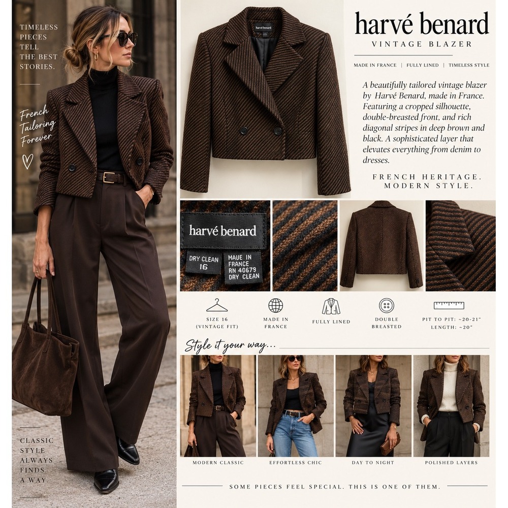 Vintage Harvé Benard Size 10 Cropped Blazer Brown Stripe Double Breasted France